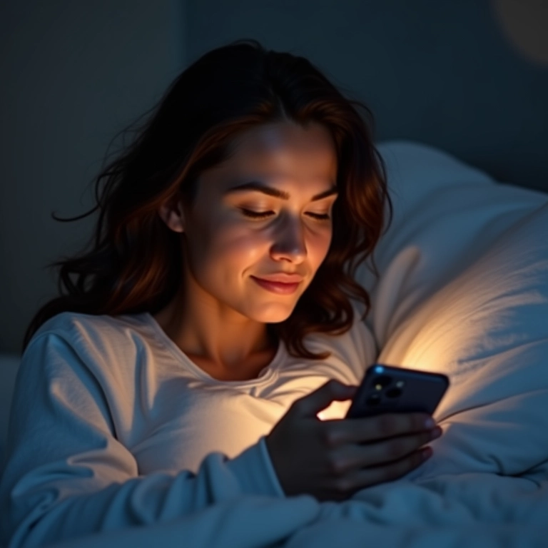 Mulher desligando o celular antes de dormir.