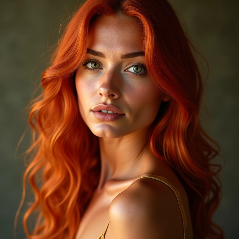 Mulher deslumbrante com cabelo ruivo acobreado vibrante.