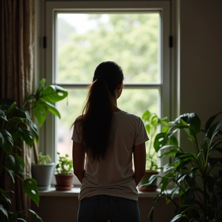 Mulher desmotivada olhando pela janela, refletindo a falta de energia.