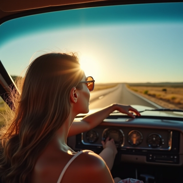 Mulher dirigindo carro clássico em estrada no Uruguai, representando a liberdade e aventura de viajar sozinha.
