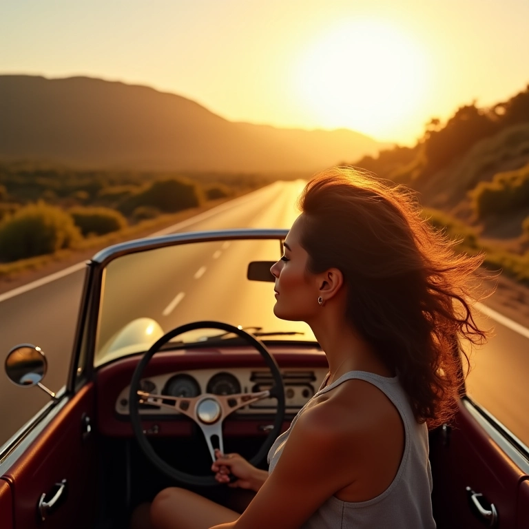 Mulher dirigindo carro conversível em estrada ensolarada no Brasil, curtindo viagem.
