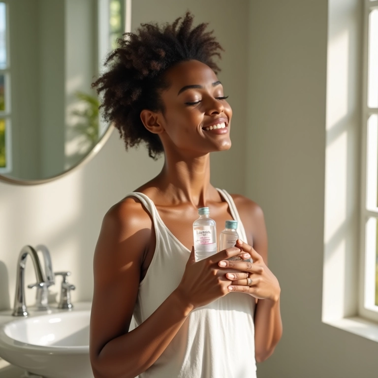 Mulher diversa usando água micelar L'Oréal Paris 5 em 1 em banheiro iluminado com decoração Farm Rio.