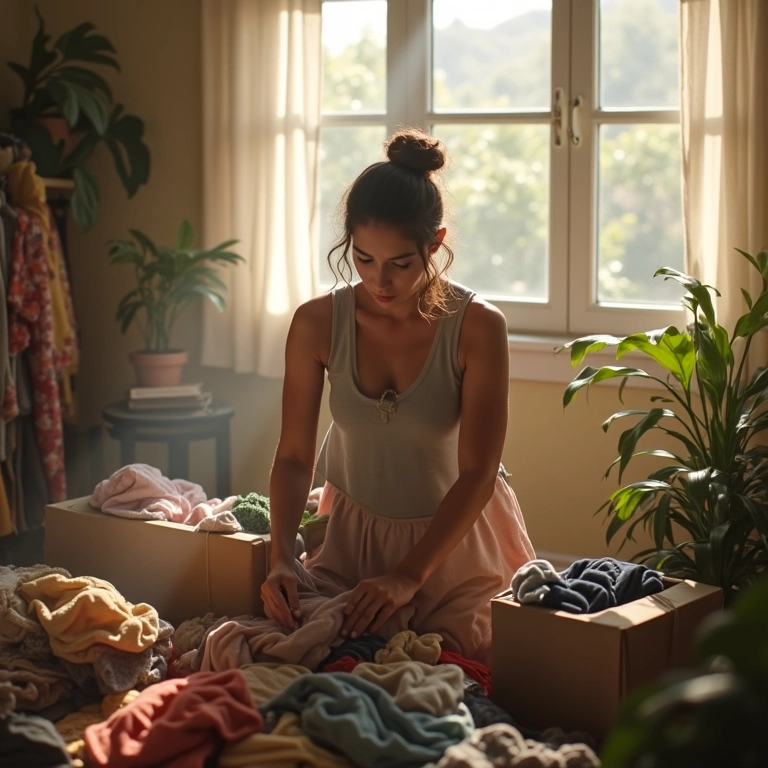 Mulher doando roupas, desapego regular, menos bagunça.