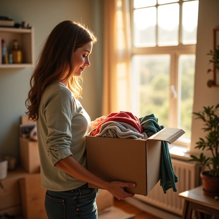 Mulher doando roupas em caixa de caridade durante desapego.
