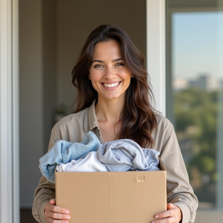 Mulher doando roupas em frente a apartamento minimalista, simbolizando o desapego.