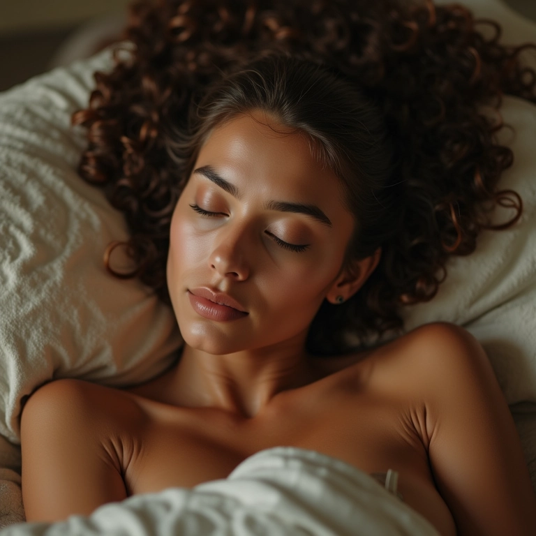 Mulher dormindo com cabelo em umectação noturna.