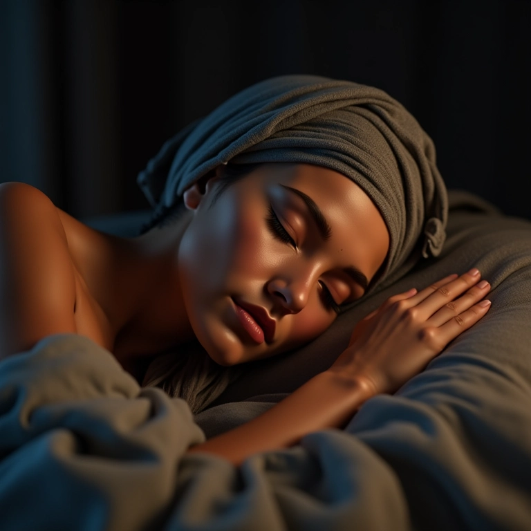 Mulher dormindo com cabelo protegido por touca de cetim.