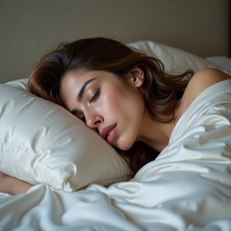 Mulher dormindo com fronha de cetim para proteger o cabelo ondulado.