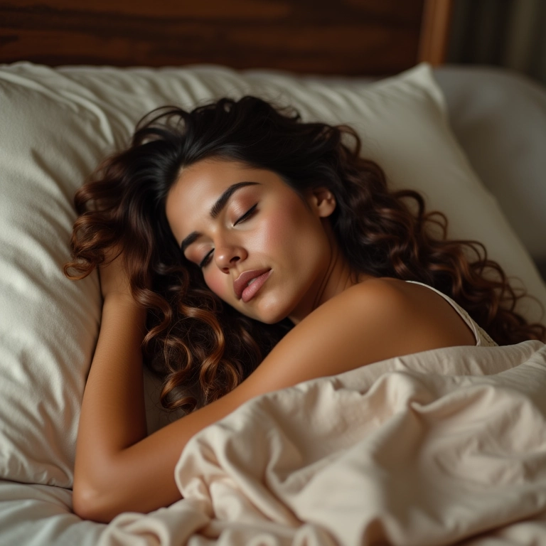Mulher dormindo com óleo de coco no cabelo, tratamento noturno para hidratação profunda.