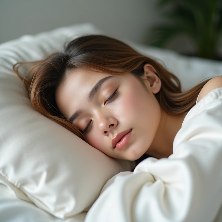 Mulher dormindo em fronha de cetim, cabelos macios e saudáveis.