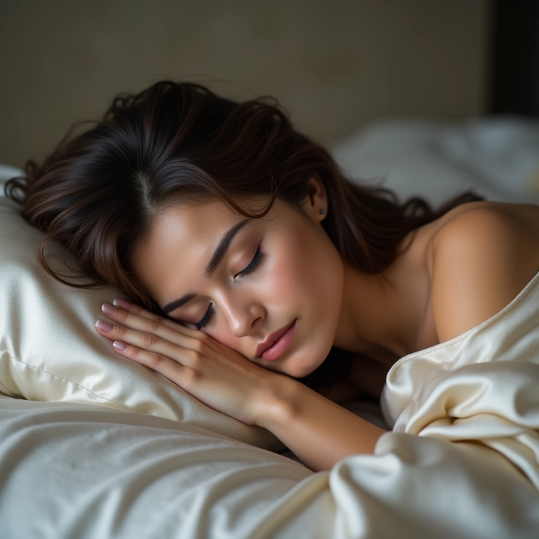 Mulher dormindo em fronha de cetim para proteger o cabelo.