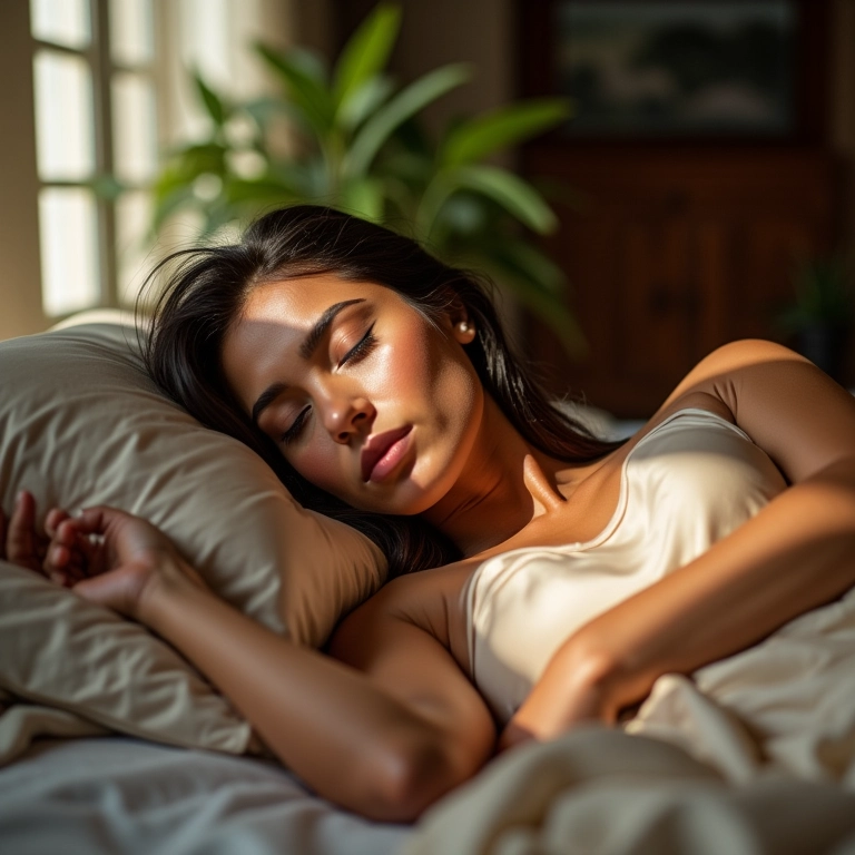 Mulher dormindo tranquilamente em quarto aconchegante com luz natural.
