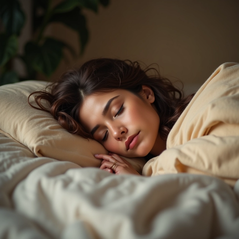 Mulher dormindo tranquilamente em quarto aconchegante.