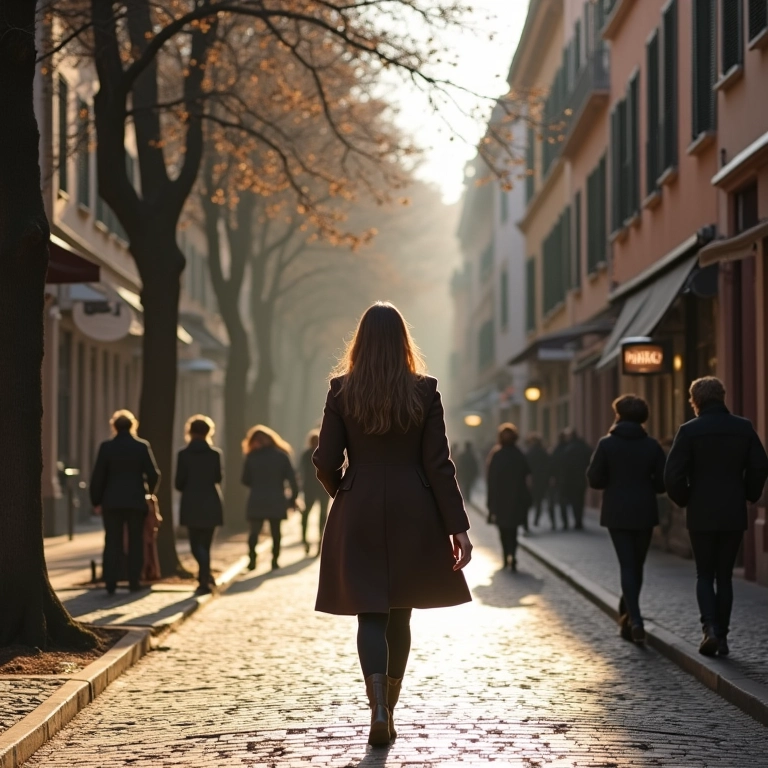 Mulher elegante caminhando por avenida arborizada em Campos do Jordão, com lojas de grife ao fundo.