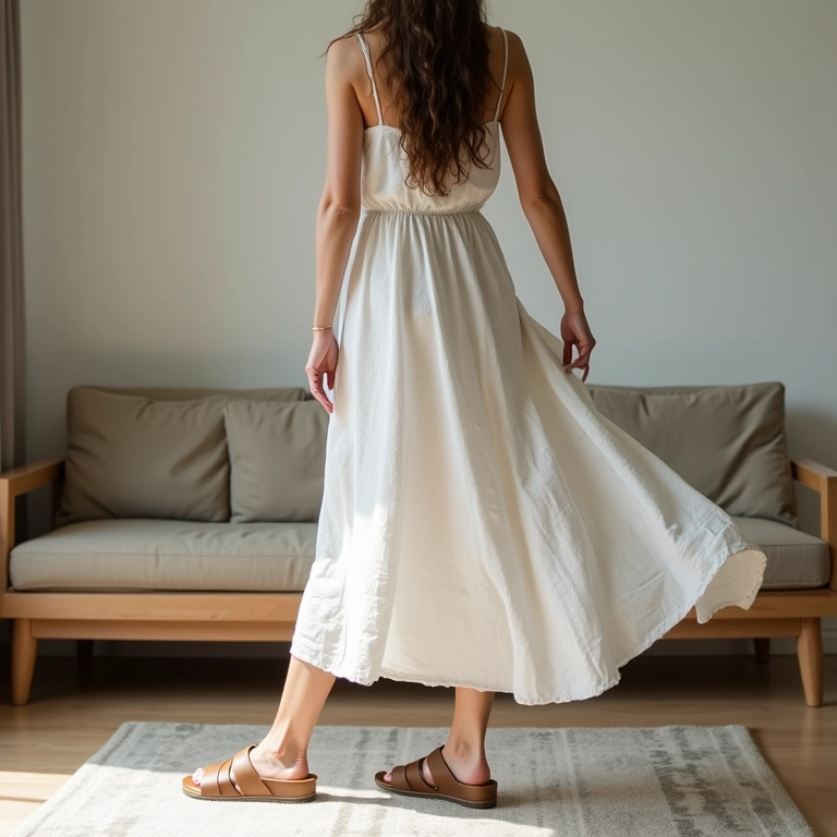 Mulher elegante com Birkenstock Madrid e vestido de linho em apartamento brasileiro.