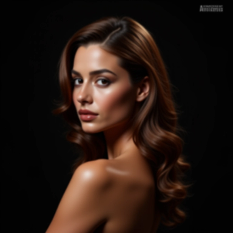 Mulher elegante com cabelo castanho iluminado por luzes cor de caramelo.