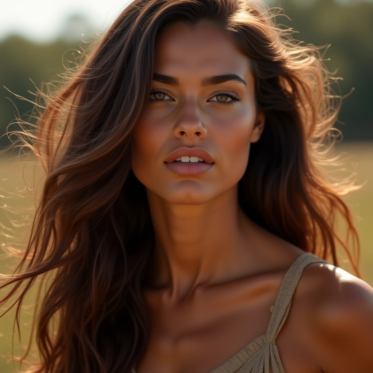 Mulher elegante com cabelos longos e camadas sutis.