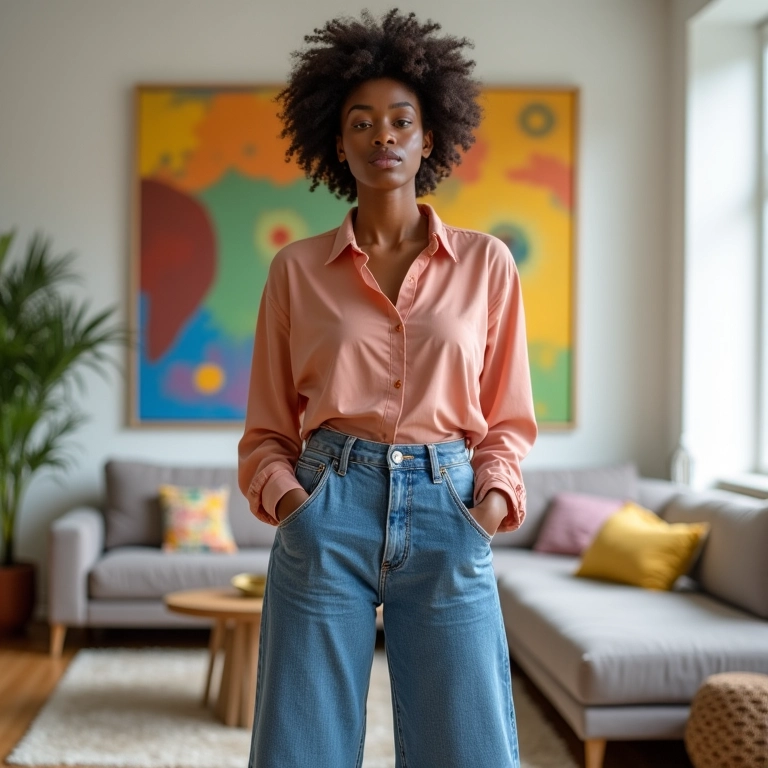 Mulher elegante com calça wide leg e blusa de seda.