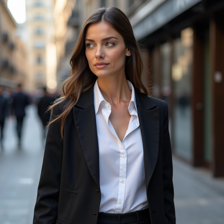 Mulher elegante com camisa branca e sobretudo alongado em cenário urbano.