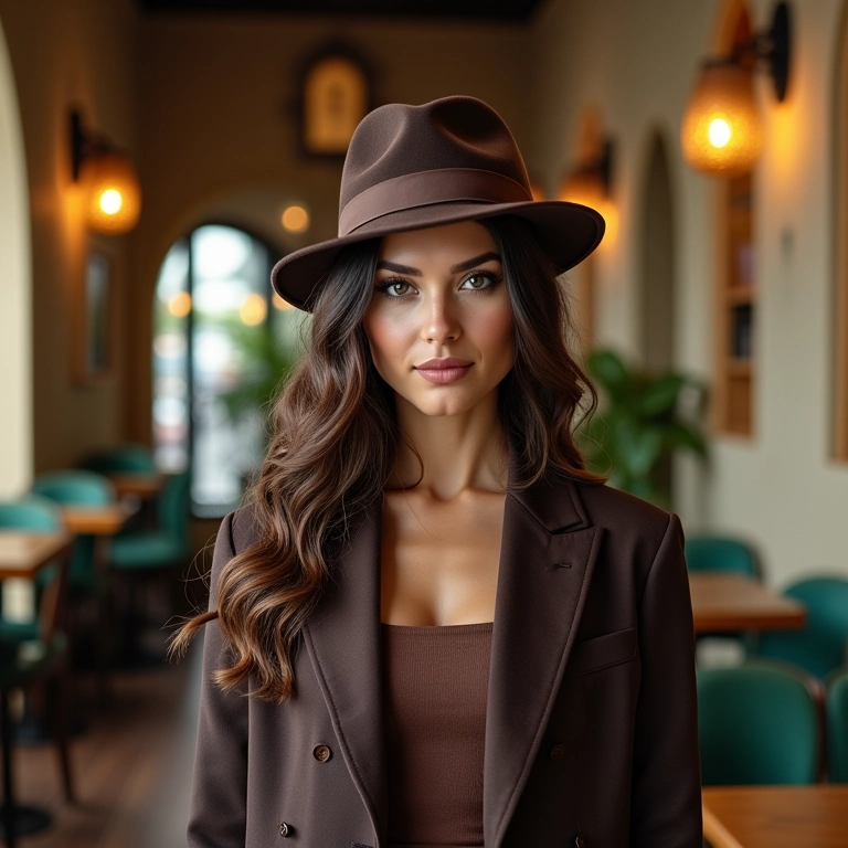 Mulher elegante com chapéu bowler em café com design brasileiro.