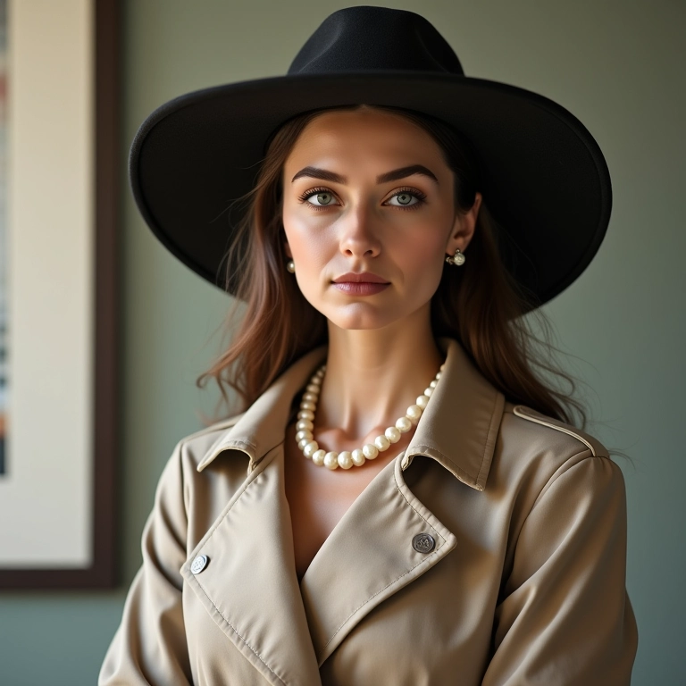 Mulher elegante com chapéu Hatter, colar de pérolas e trench coat clássico.
