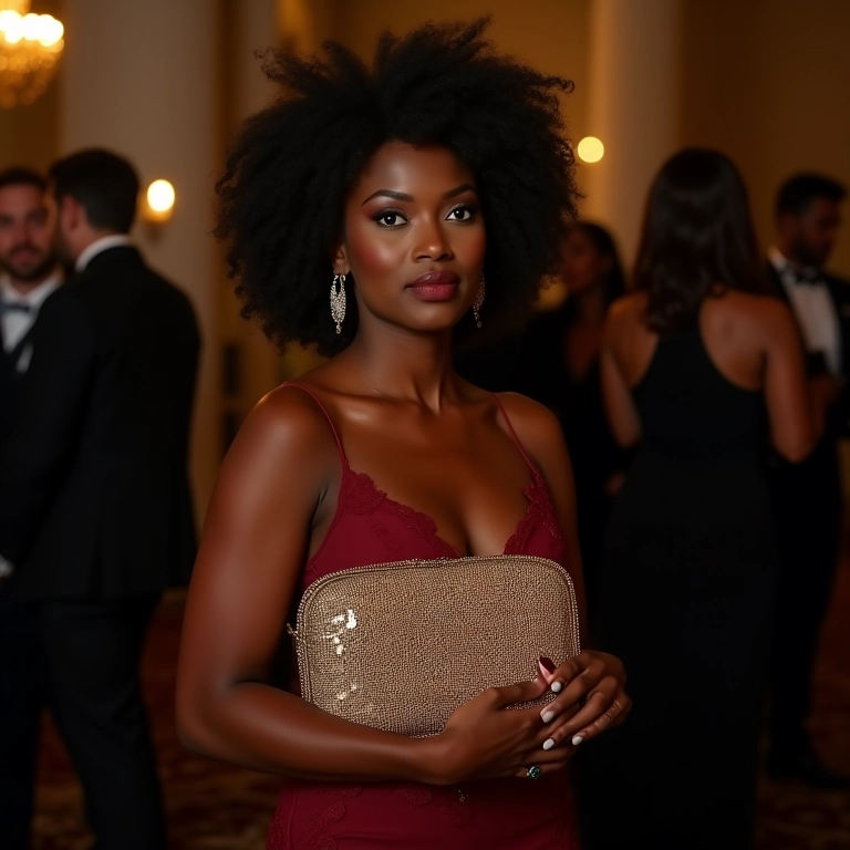 Mulher elegante com clutch artesanal no Rio.