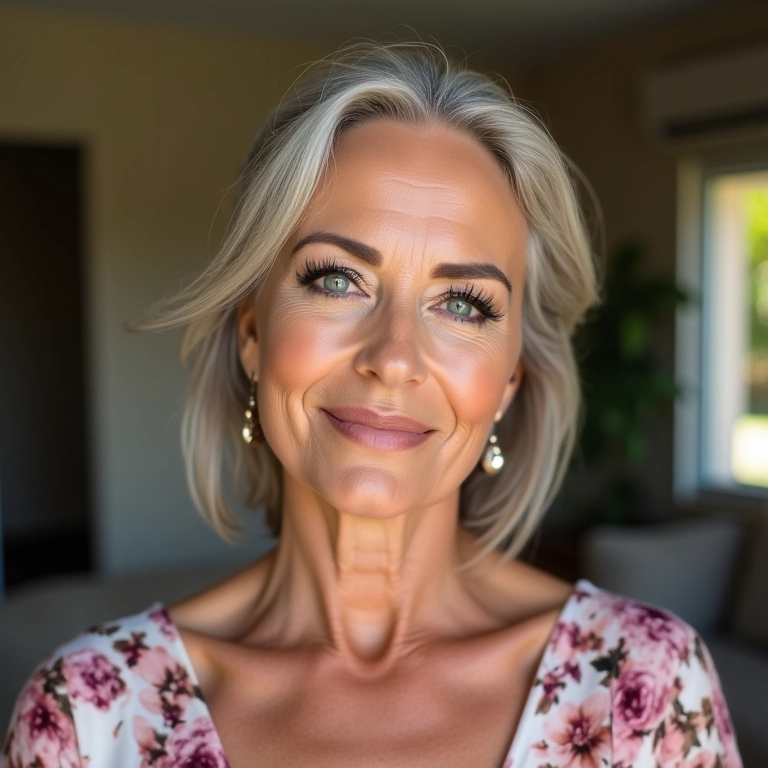 Mulher elegante com delineado clássico e vestido floral em ambiente brasileiro para o Dia das Mães.