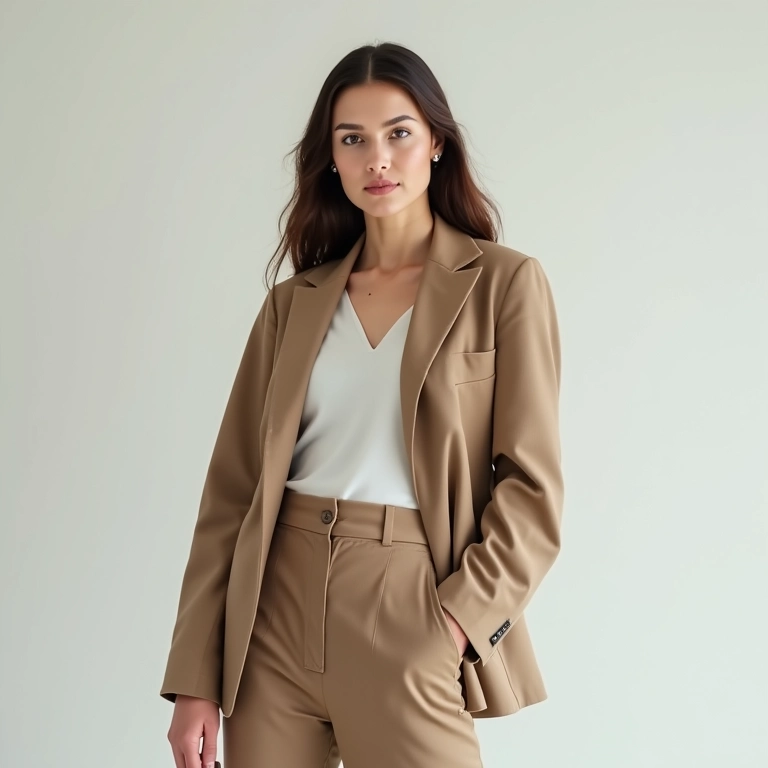 Mulher elegante com estilo refinado em frente ao guarda-roupa cápsula minimalista.
