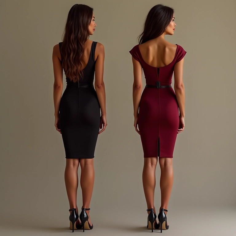 Mulher elegante com saia lápis e vestido tubinho em ambiente profissional.