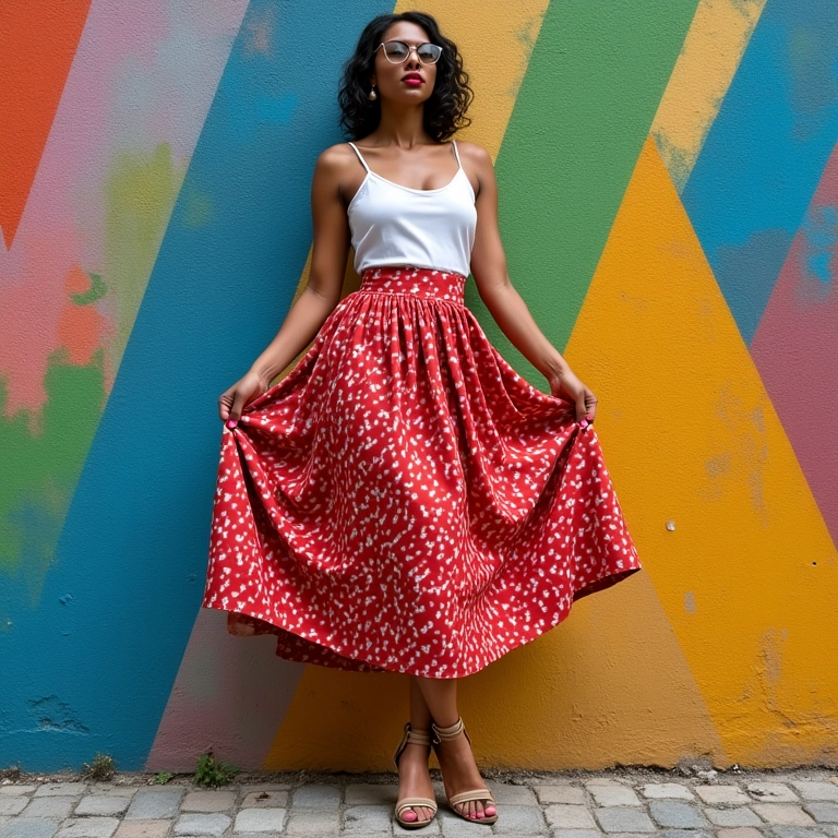 Mulher elegante com saia midi e anabela em Salvador, Bahia.