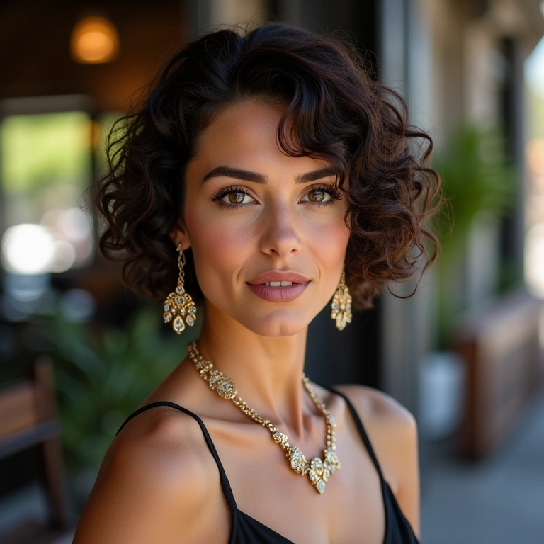 Mulher elegante com short bob cacheado, usando joias brasileiras em café ao ar livre.