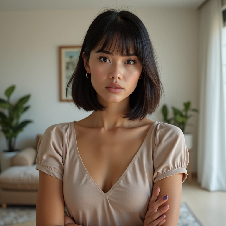 Mulher elegante com short bob reto em apartamento minimalista.