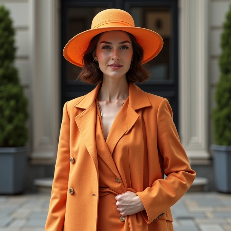 Mulher elegante com vestido clássico e chapéu melon em frente a prédio antigo.