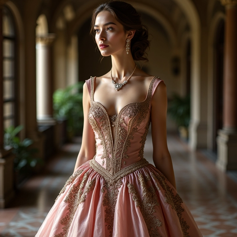 Mulher elegante com vestido europeu em mansão brasileira do século XIX.