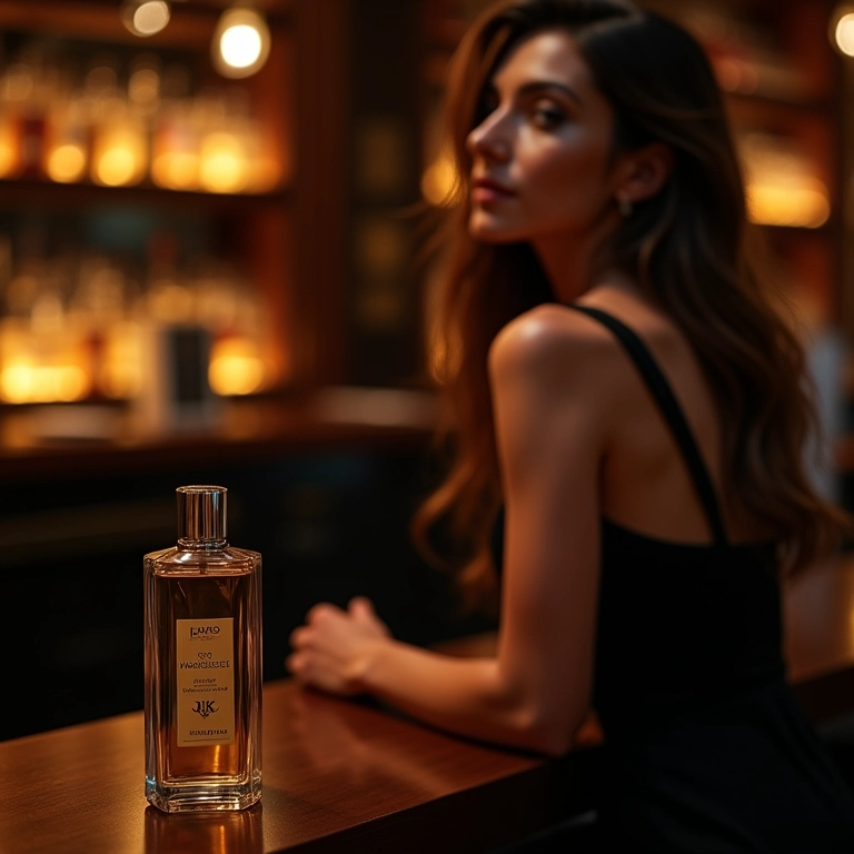 Mulher elegante em bar, perfume de baunilha na mesa.