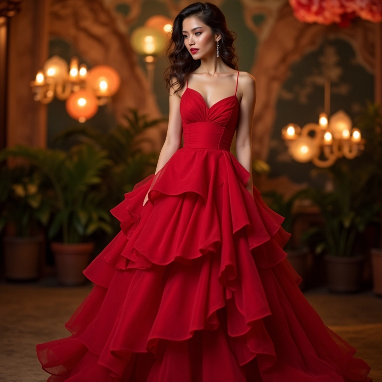 Mulher elegante em festa, vestindo vestido vermelho com babados.
