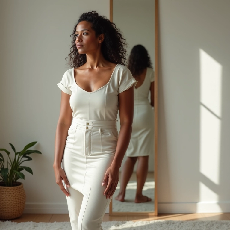 Mulher elegante em frente a espelho de corpo inteiro no quarto.