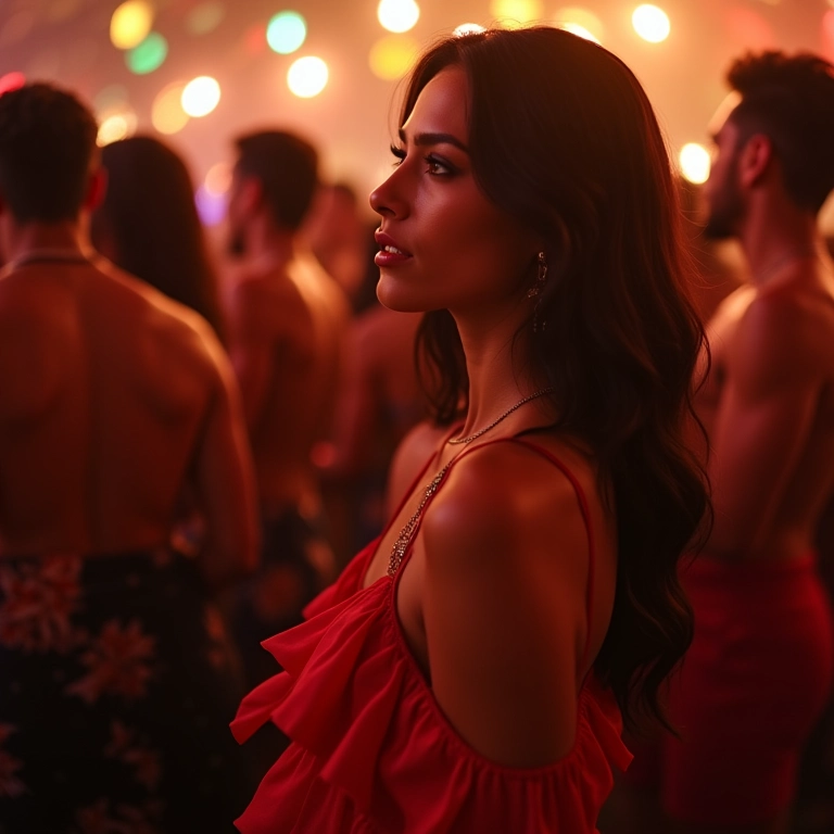 Mulher elegante em vestido de festa vibrante, em festa brasileira.