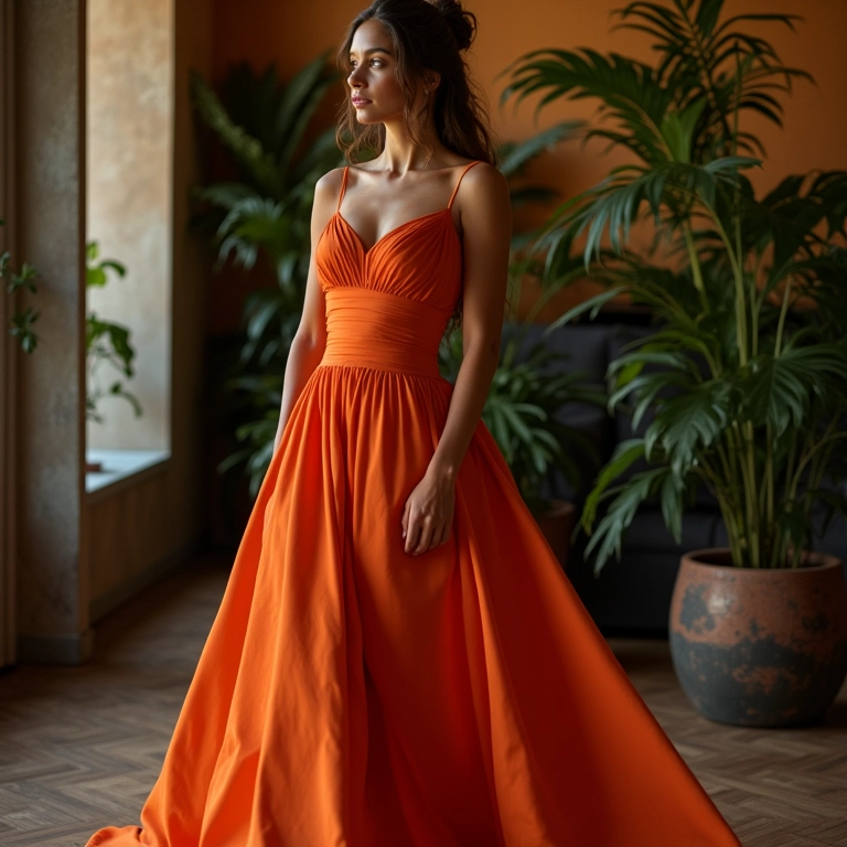 Mulher elegante em vestido longo em evento sofisticado.