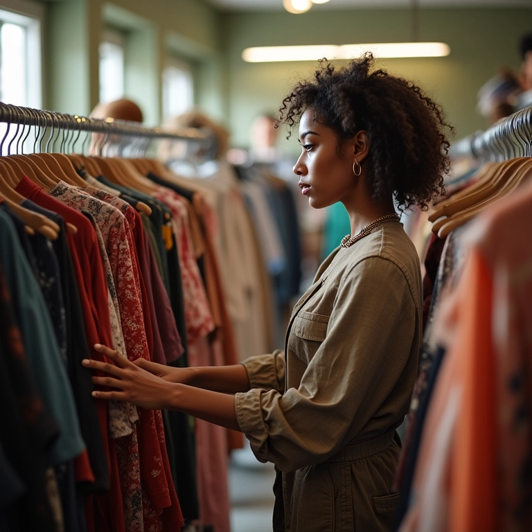 Mulher elegante escolhendo roupas vintage em um brechó iluminado.