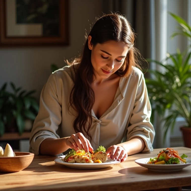 Mulher elegante preparando mesa para refeição em família com horários fixos.