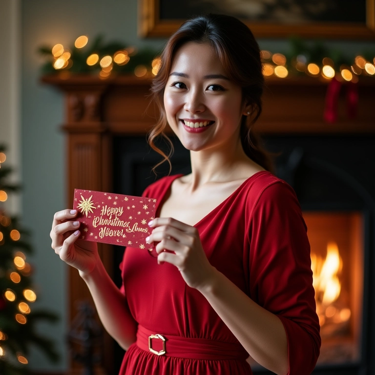 Mulher elegante segurando cartão de Natal perto da lareira.
