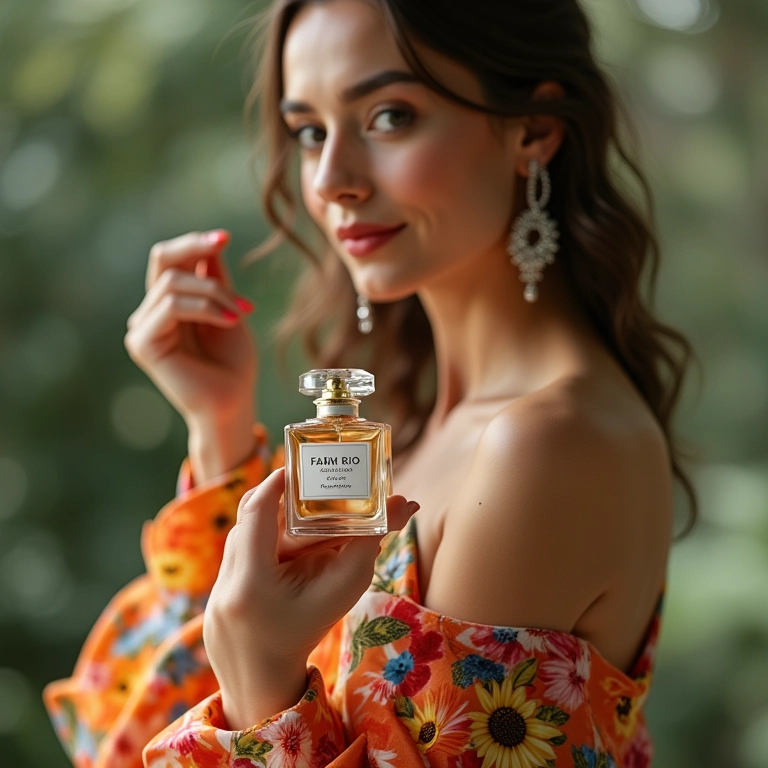 Mulher elegante segurando perfume floral leve.