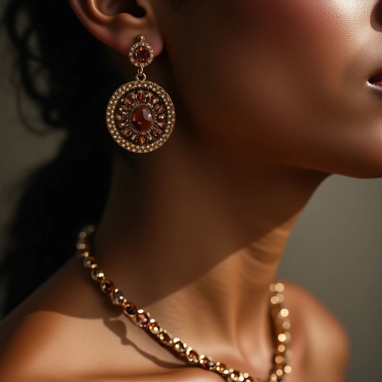 Mulher elegante usando brincos e colar feitos com cápsulas de café recicladas.