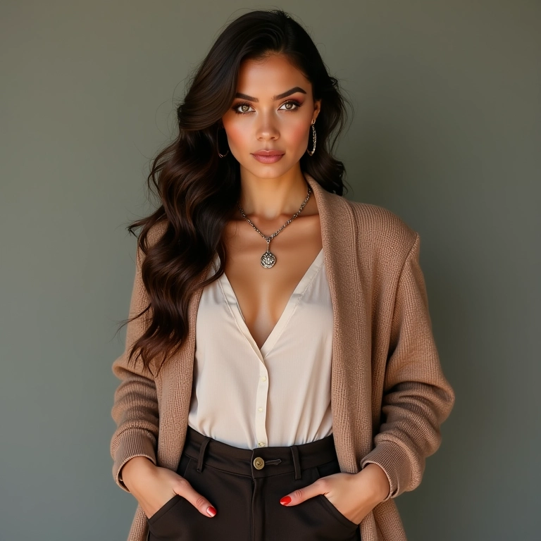 Mulher elegante usando cardigã como blusa.