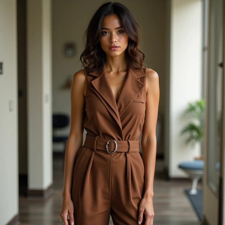 Mulher elegante usando macacão de alfaiataria em apartamento estiloso.