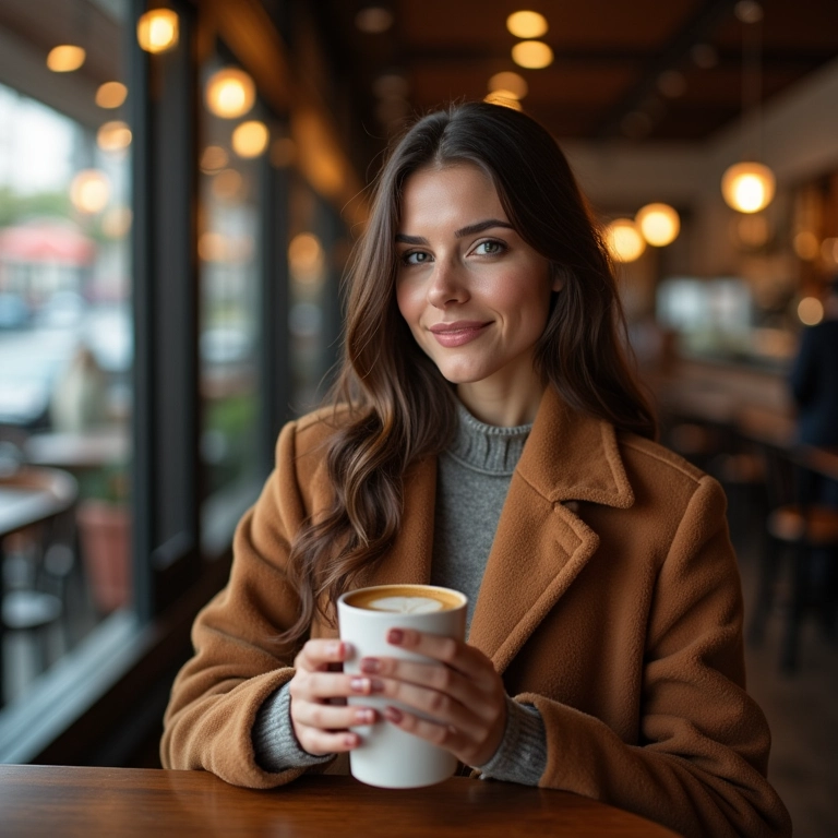 Mulher elegante usando um casaco longo em um café brasileiro.