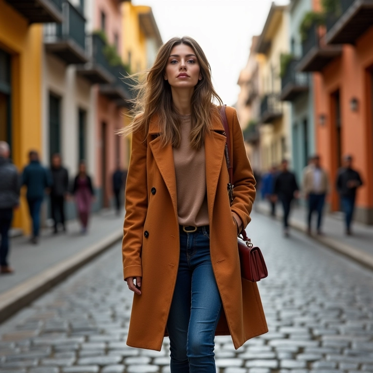 Mulher elegante vestindo roupas de inverno em uma rua brasileira vibrante.