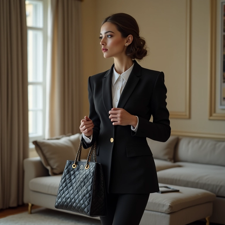 Mulher elegante vestindo tailleur Chanel clássico com bolsa 2.55 em apartamento parisiense moderno.