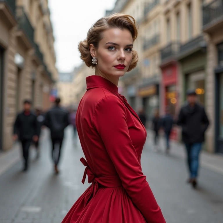Mulher elegante vestindo um icônico vestido Dior dos anos 50 em uma rua charmosa de Paris.